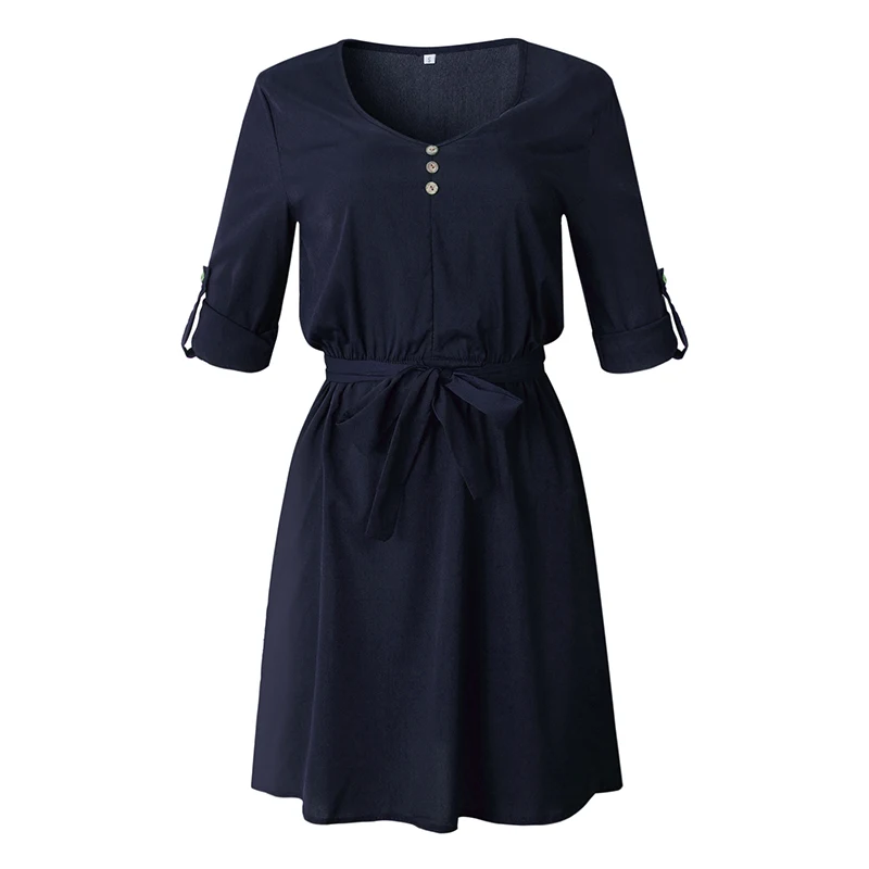 Весна-лето, платье-рубашка, повседневное, одноцветное, v-образный вырез, на пуговицах, для офиса, для женщин, платья, половина рукава, мини платье, элегантное, Mujer M0468 - Цвет: Navy Blue