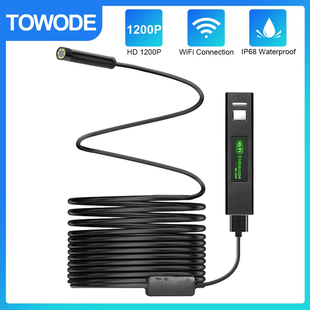 TOWODE WiFi Endoscope Camera 1200P Hard Cable 8mm 8 LEDs Android IOS Control Inspection Waterproof Mini Camera For Cars Fishing hidden wireless surveillance cameras