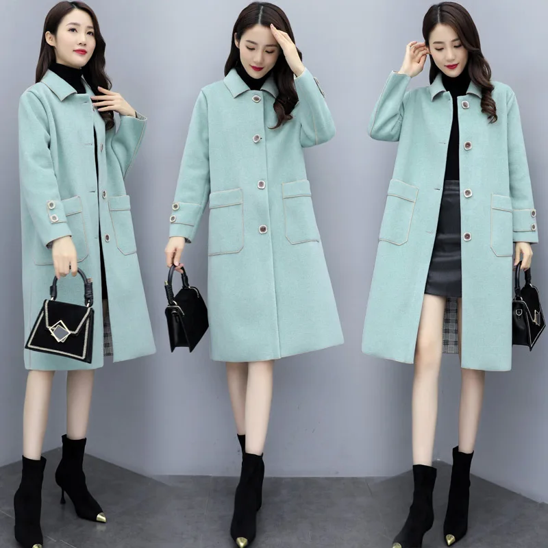 Autumn Single Breasted Long Sleeve Plaid Double-faced Woolen Goods Non-Lining Cloth Woolen Jacket Overcoat Women's