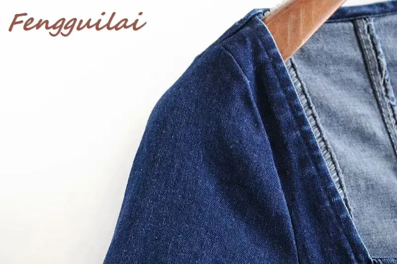 FENGGUILAI, Новое поступление, большие размеры, v-образный вырез, одноцветные джинсовые платья, летние женские джинсовые платья, короткие пышные рукава, тонкие платья а-силуэта