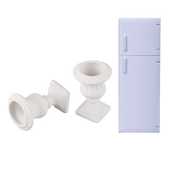 

3 Pcs 1:12 Doll House Diy Decoration Miniature Toy, 1 Pair of Birdbath Garden Outdoor Center & 1 Pcs Wood Refrigerator