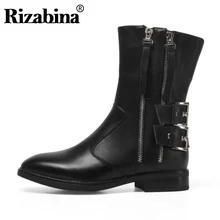 RIZABINA/Сапоги до середины икры; женская обувь из натуральной кожи в готическом стиле; женская модная повседневная обувь на квадратном каблуке с пряжкой и молнией; размеры 34-41