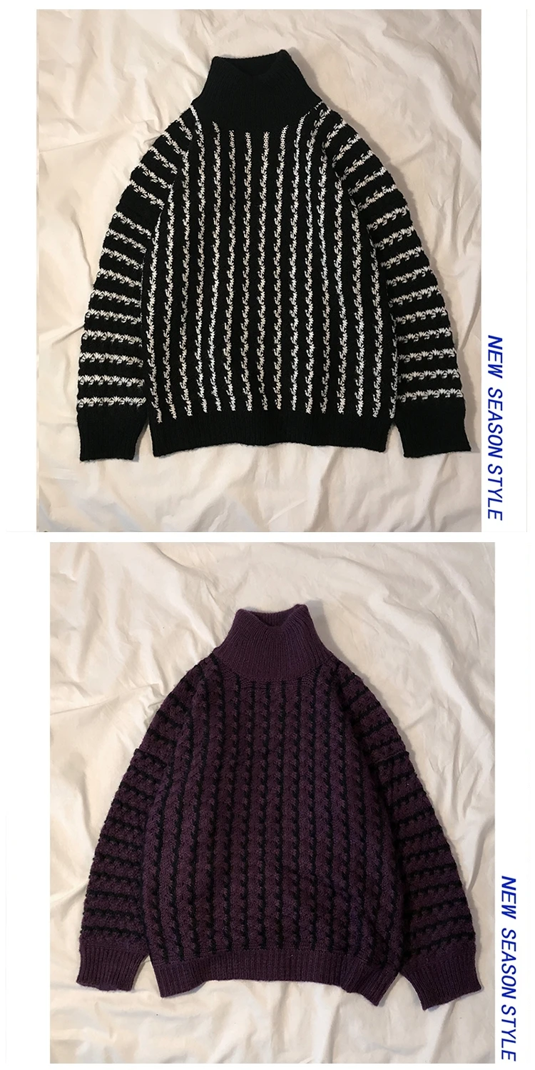Winter New Men's Korean Version Of The Loose Vertical Strip High Collar Thick Student Casual Sweater