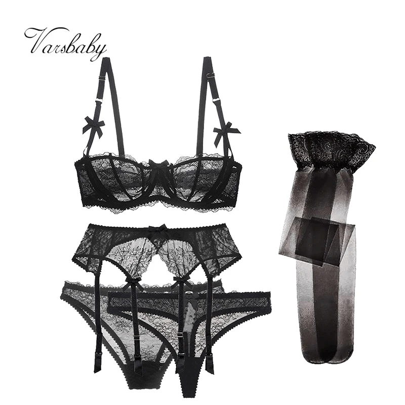 Varsbaby sexy lace 5 pcs bras+garters+panties+thongs+stockings underwear black/pink /white plus size bra set