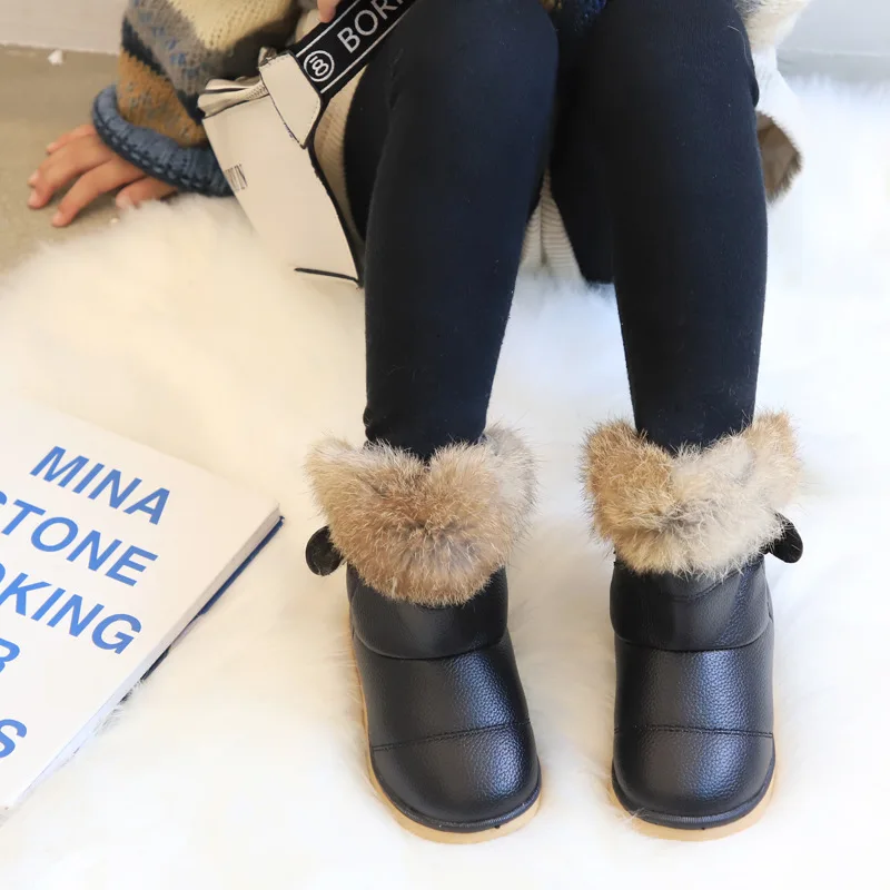 Брендовые зимние ботинки для девочек; теплые плюшевые детские ботильоны для девочек; Водонепроницаемая Обувь из искусственной кожи на плоской подошве для детей; зимние ботинки - Цвет: Black