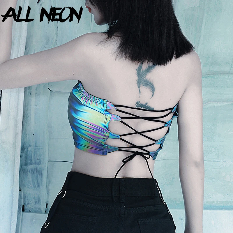 

Sexy Women's Crop Tops Holographic Strapless Bandage Back Sleeveless Tops Fashion Spring Reflection Tank Tops Punk Streetwear