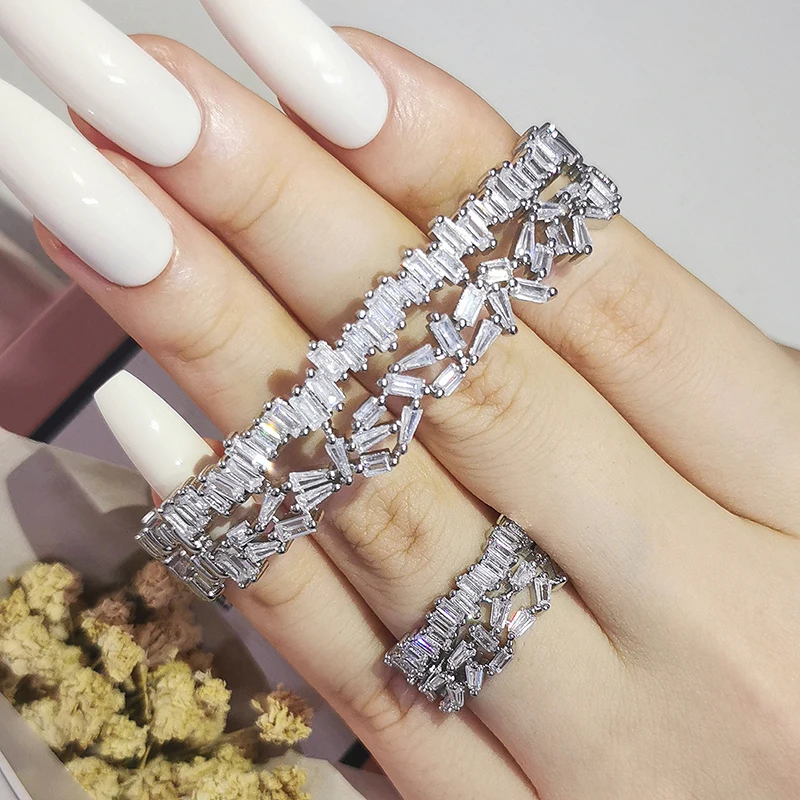 2022 New Luxury silver color bride African Dubai Jewelry Set Bracelet Band Ring for Women Wedding Christmas Party Gift J6731