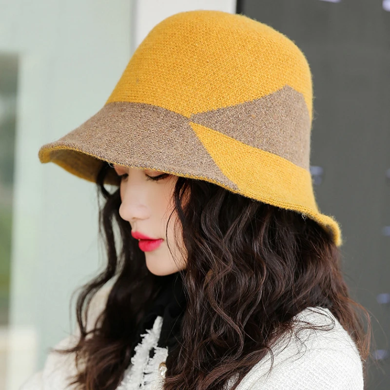 HT2768 New Fashion Knitted Hat Elegant Warm Autumn Winter Wool Hat Lady Wide Brim Bucket Hat Female Patchwork Fishing Bucket Cap