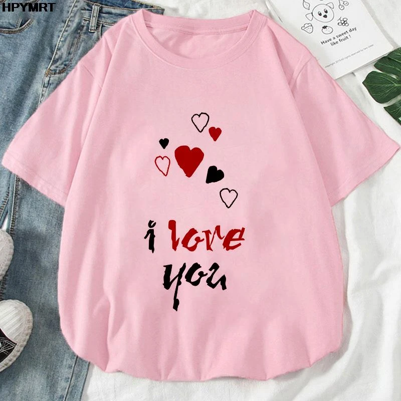 I Love You Letter Print Tshirt Women Casual Sweat Loose Tee Clothes Oversize Summer Crewneck Tops Simplicity Womens T-Shirt Tops t shirt oversize