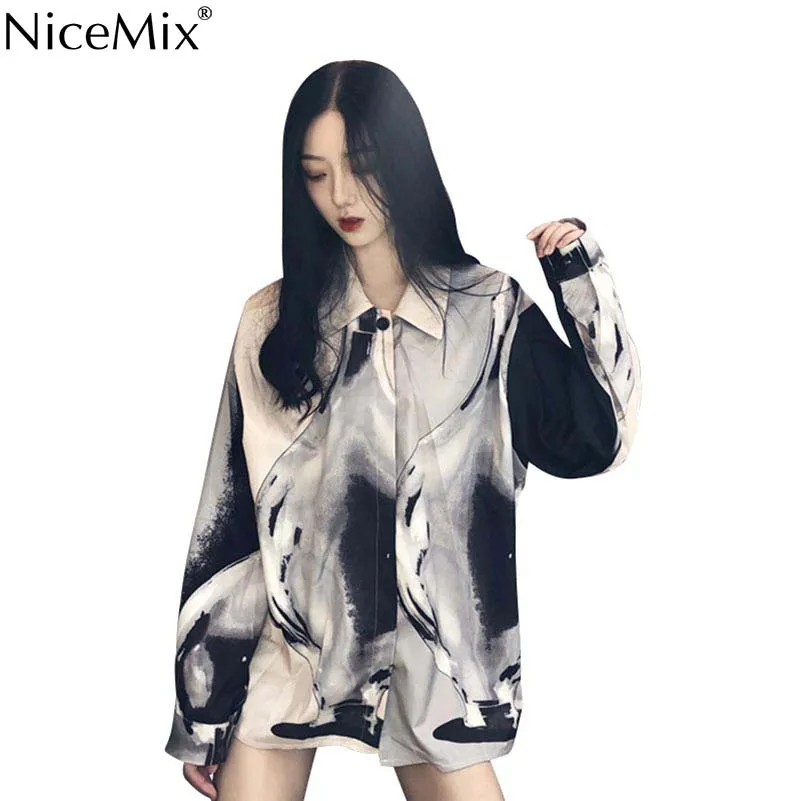 

NiceMix Autumn Harajuku Blouse Women Shirt Contrast Color Loose Print Tops And Blouse OL Shirts Blusas Camisas Mujer 2019