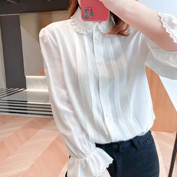 

Peter Pan Collar Women's Silk Blouse Embroidered 2020 Early Autumn Long Sleeve Pleated Ruffles Trim Shirt and Top
