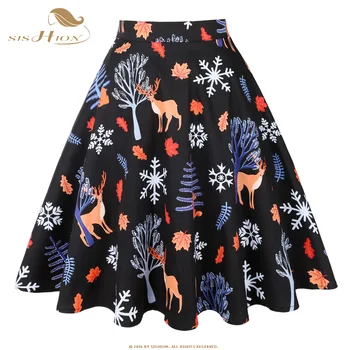 

SISHION Women Christmas print Skirts autumn black High Waist Casual Vintage Swing Retro Skater Midi Skirt faldas mujer VD0020