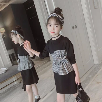 

2-12 Years of Teen Kids Dresses for Girls Baby Fashion Butterfly Stitched Lattice Long-sleeved Dress