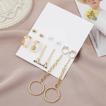 

6Pairs/Set Women's Simple White Pearl Ball Round Metal Stud Earrings Set Fashion Gold Geometric Round Chain Earring Jewelry Gift
