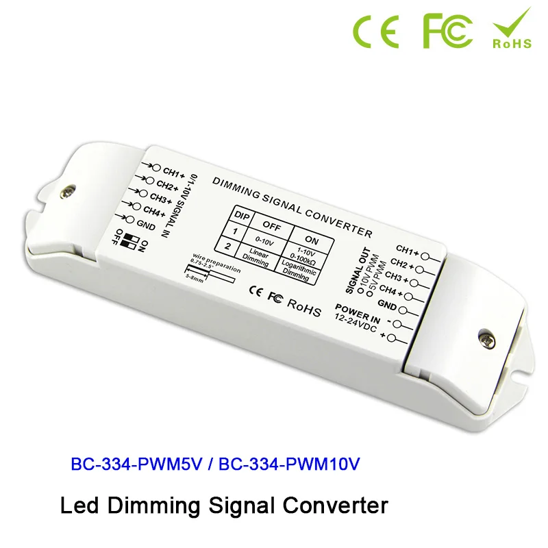 12V 24V LED dimming signal converter BC-334 DIP switches out 0/1-10V analog signal 5V PWM/10V PWM*4CH 40mA*4CH LED Lamps Dimmer muxboxs unbalanced rca to balanced xlr amplier converter professional analog audio repeater for home theater