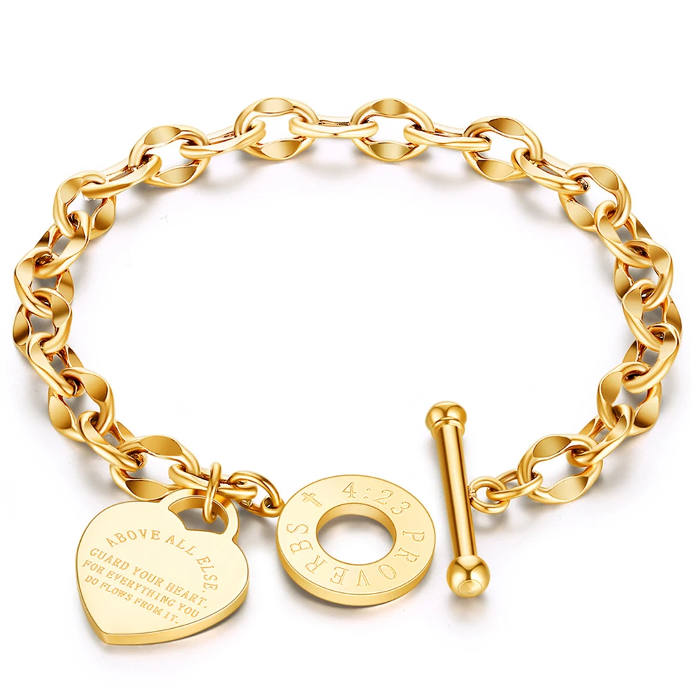 Metal Bracelet Stainless Steel Bracelet ZORCVENS Buckle Design Female Brand Bible Bracelet Gold Color Stainless Steel Chain Heart Bangles Bracelets for Women