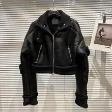 Leather Jacket Woman 2021 Winter New Street Double Pocket Zipper Faux Fur Leather Coat Short Design Stand Collar Bat Sleeve