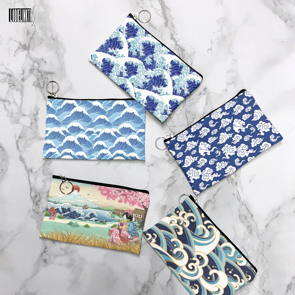 New Fashion Mini Canvas Coin Purse Ukiyoe Waves Portable Clutch Bag Party Cosmetic Bag Lipstick Daily Use Storage For Women