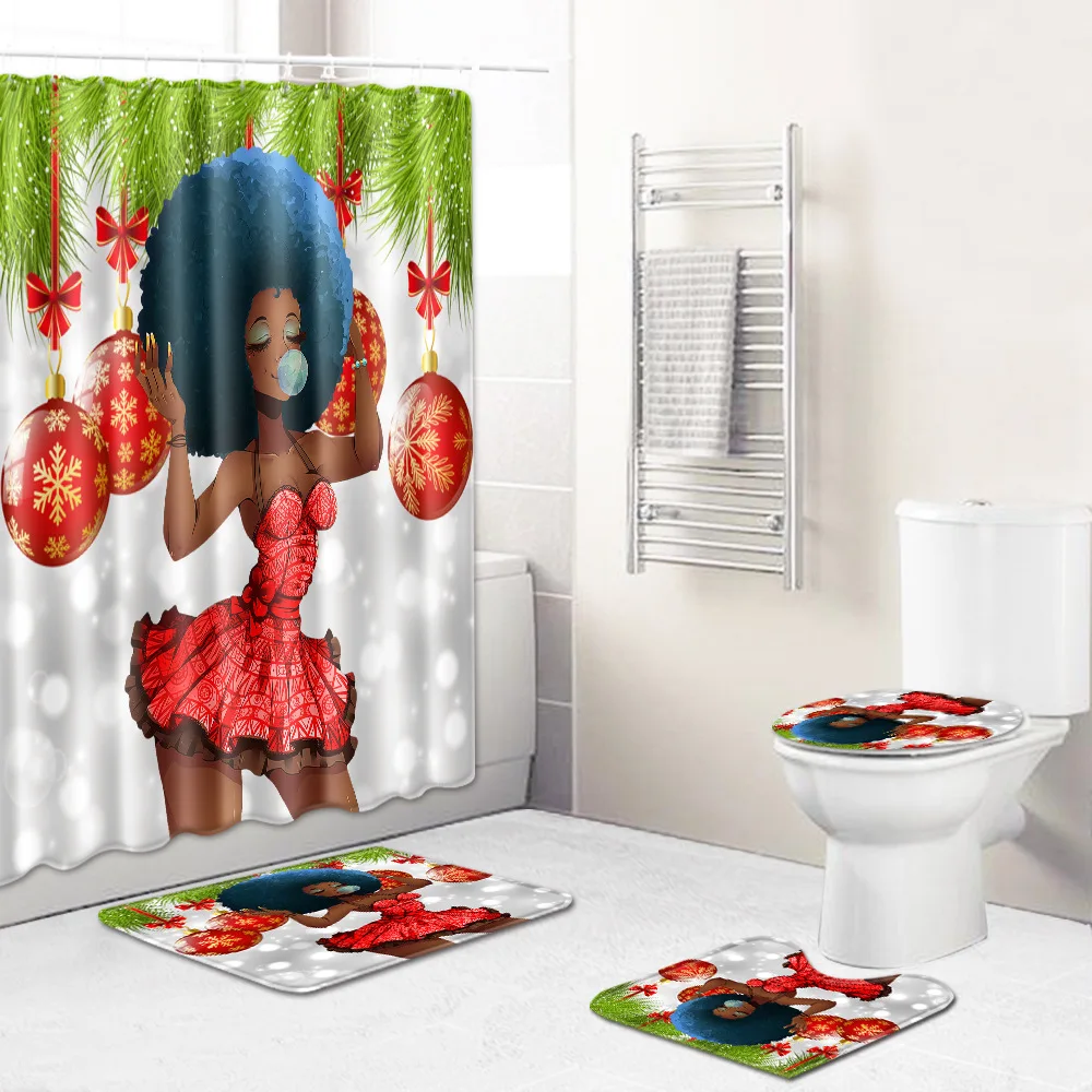 

African Girl Shower Curtain/Bath Mat/Toilet Pad Set Anti-slip Toilet Carpet Flannel Bath Mat 4 Pcs Christmas decoration