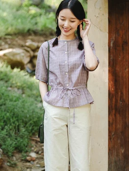

Fans +3% Discount CYNTHIA Women Plaid Blouse Female Vintage Summer Waisted O-neck Short-sleeve Shirts