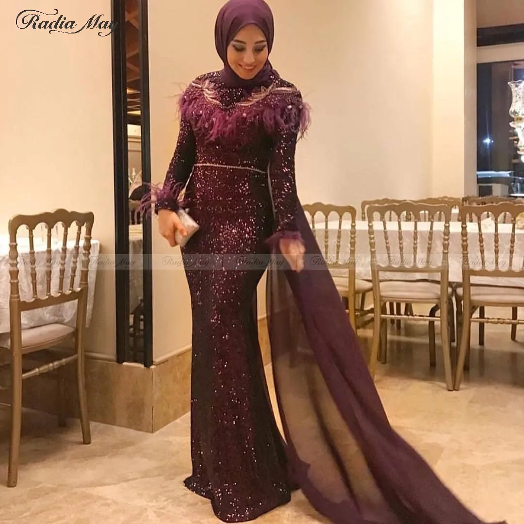 Блестящее фиолетовое перо с длинными рукавами вечернее платье для мусульманских женщин хиджаб накидка фуксия Русалка арабское платье для выпускного Дубай Формальные платья
