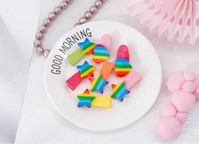 60 компл./лот 2 шт./компл. DIY мульти простые ABS Радуга пятиконечные звезды любящие сердца волосы утка клип костюмы взрыва шпильки для волос Инструменты для укладки волос аксессуары HA1174