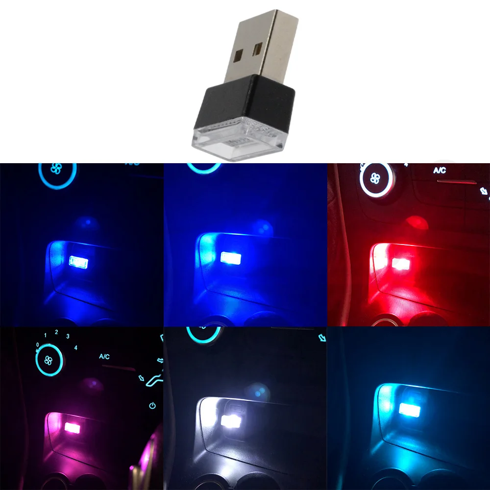 Hviero Car USB LED Atmosphere Lights Decorative Lamp Auto Emergency Lighting Universal PC Portable Plug and Play Red Blue White Pink