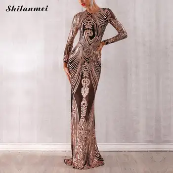 

Gold Sequined Evening Party Dress Women 2019 Luxury Long Sleeve Sequin Bodycon Dresses Floor-Length Vintage Long Gowns Vestidos