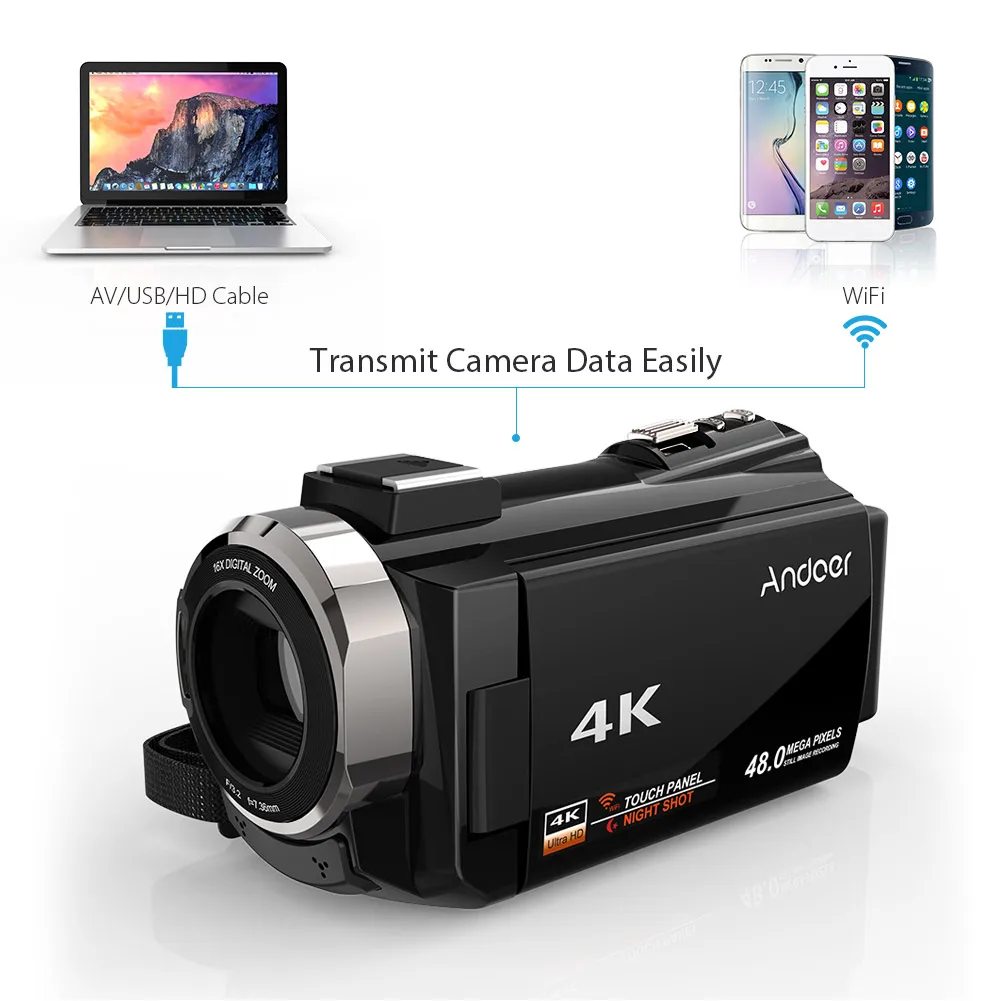 Andoer 4K 1080P 48MP WiFi цифровая видеокамера рекордер с широкоугольным макрообъективом 0.39X Novatek 96660 чип ИК инфракрасный