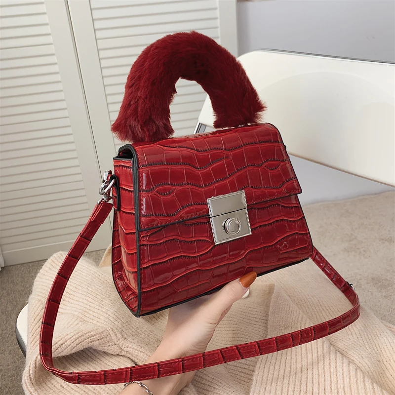 

Luxury Soft Fur Decoration Hand Bags For Women 2020 Retro Stone Pattern Leather Shoulder Bag Solid Color Female Travel Tote Bags