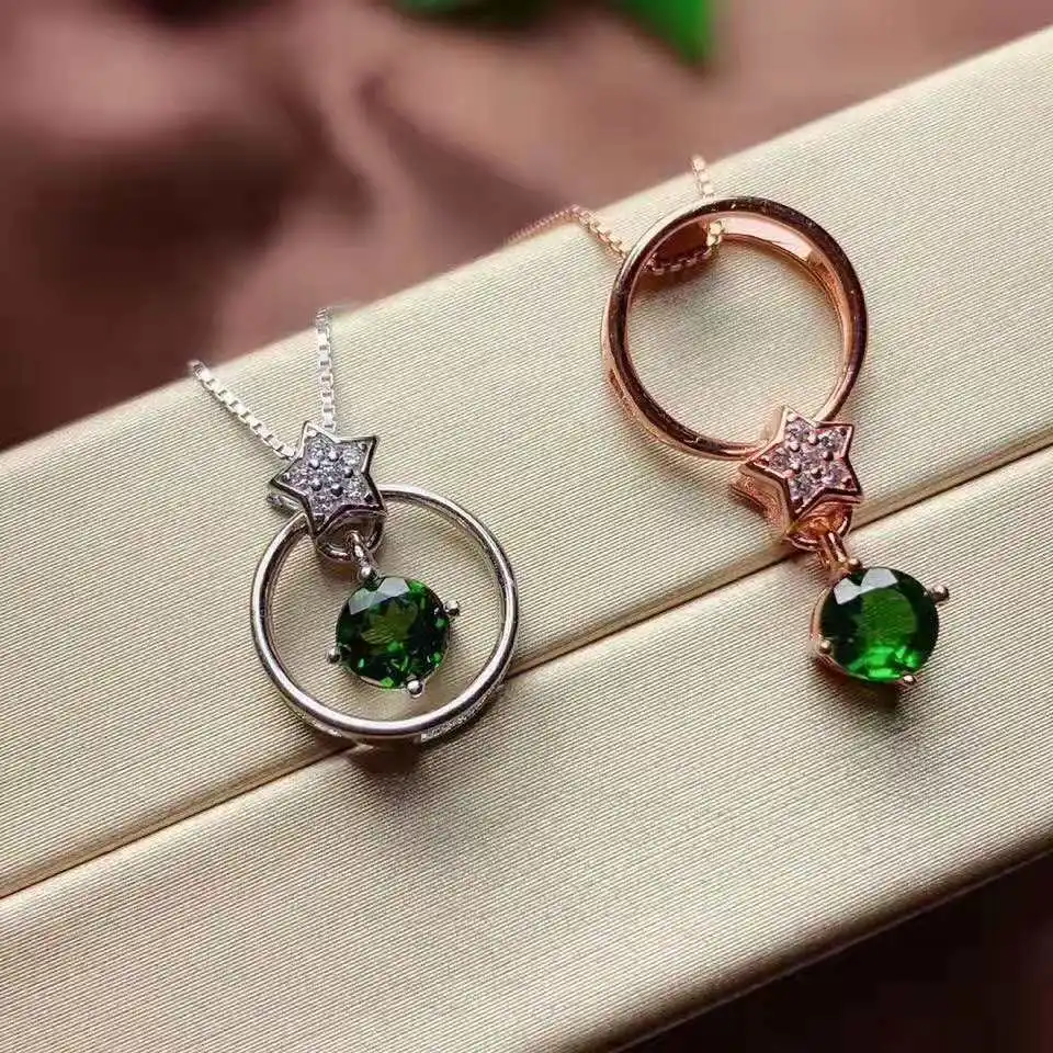 Myanmar natural diopside Pendant 925 silver green gemstone classic 5mm