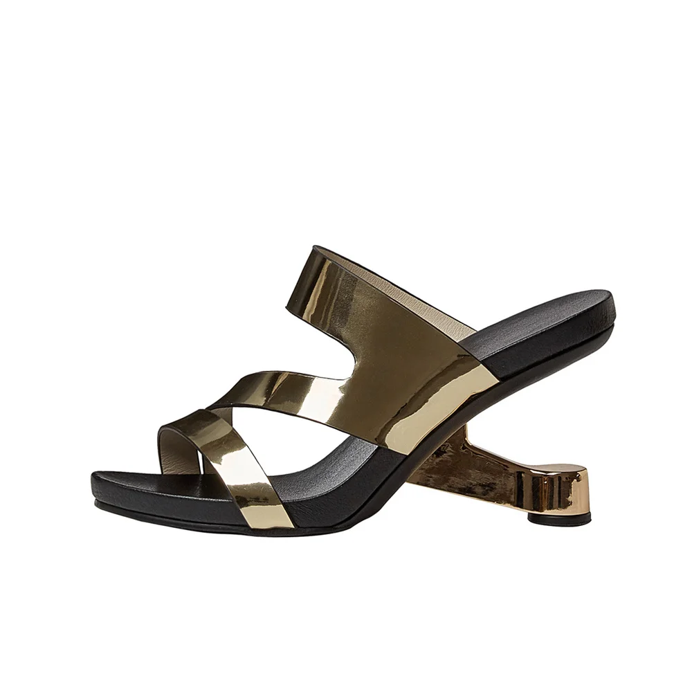 

Shining square toe peep toe genuine leather 8.5cm strange high heels slip on mules mature women leisure sandals HL369 MUYISEXI