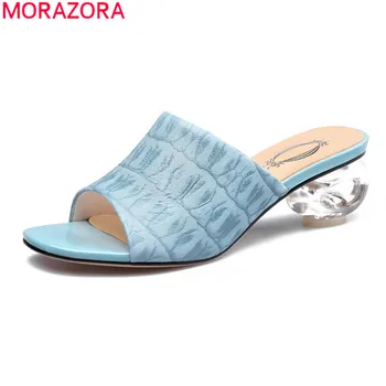 

MORAZORA 2020 new fashion women sandals top quality sheepskin mules shoes summer transparent thick heels party shoes