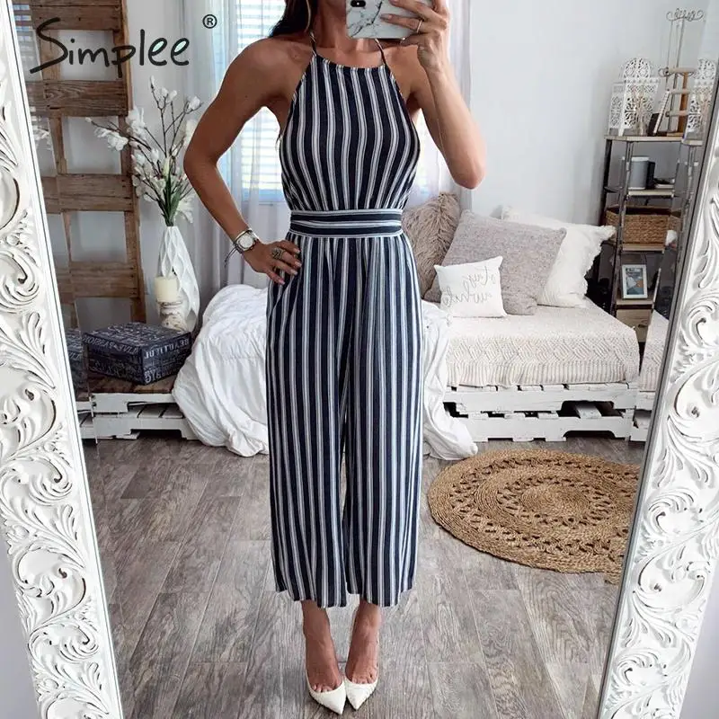 Simplee Bohemian striped women jumpsuit romper Lace up backless female chiffon jumpsuits Elegant spring summer ladies overalls |