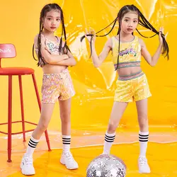 Новинка 2019 года, костюмы для джазовых танцев, жилет с блестками, шорты Комплект для девочек в стиле хип-хоп, Одежда для танцев на сцене