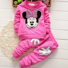 Новинка года; хлопковые комплекты одежды в европейском и американском стиле для маленьких девочек; сезон весна-осень; круглый воротник; Любовь; длинный рукав; принт Минни Маус; детская одежда