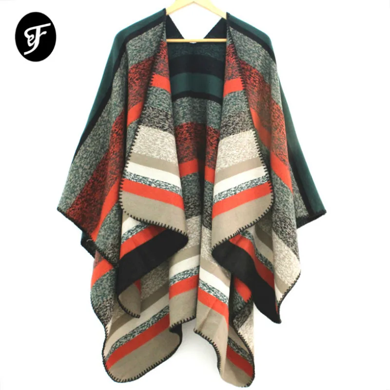 

New 2019 Women Poncho Shawl Cardigan Open Front Luxury Cape Wrap Winter Stripe Pattern Thick Warm Pashmina Scarf Ruana Female