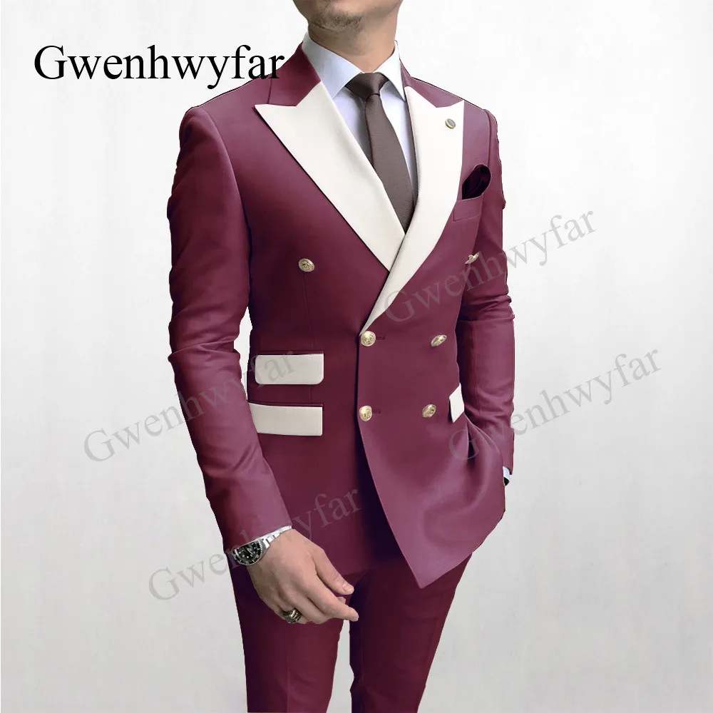 Gwenhwyfar Solid Navy Men Party Tuxedos Suits 2 Pieces Latest Mix Color White Lapel Men Suits Gold Buttons Fashion Style