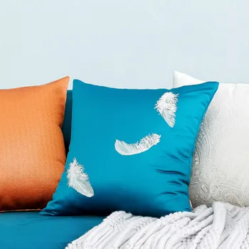 

DUNXDECO Cushion Cover Decorative Pillow Case Modern Light Luxury Fresh White Feather Embroidery Blue Sofa Chair Cushion Cover