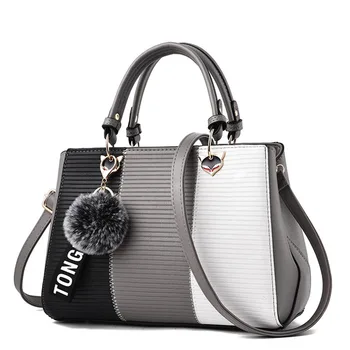 

Women Hairball Flaps Ornaments Tote Patchwork Brand Handbag Party Purse Ladies Messenger Crossbody Shoulder Bag PU Leather Purse