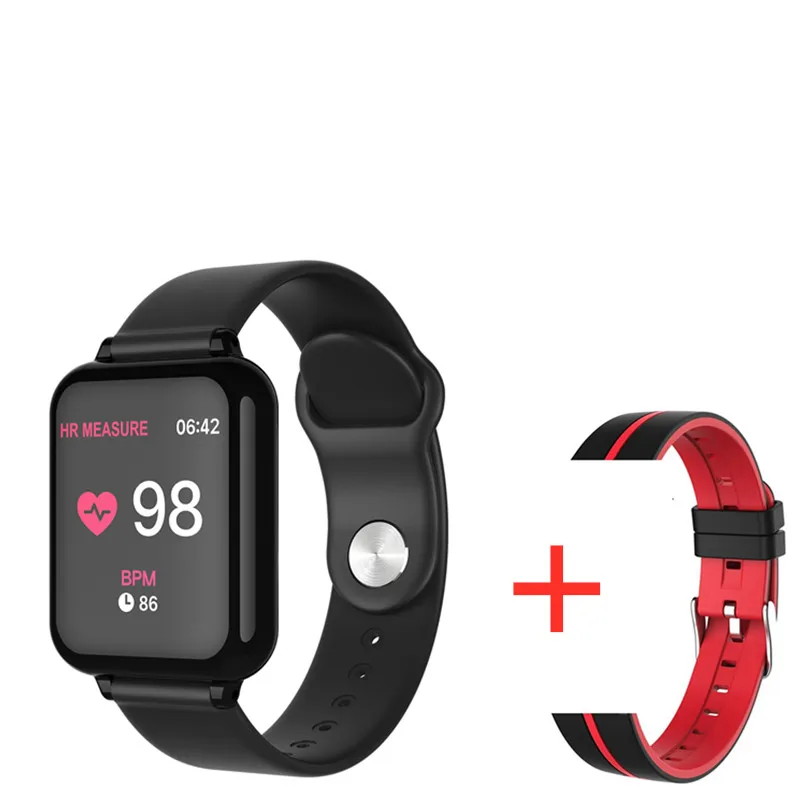 Спортивные умные часы B57, водонепроницаемые часы на системе Android, женские и мужские умные часы с сердечным ритмом, кровяное давление, умные часы для IOS телефона - Цвет: BK add 1 Red Strap