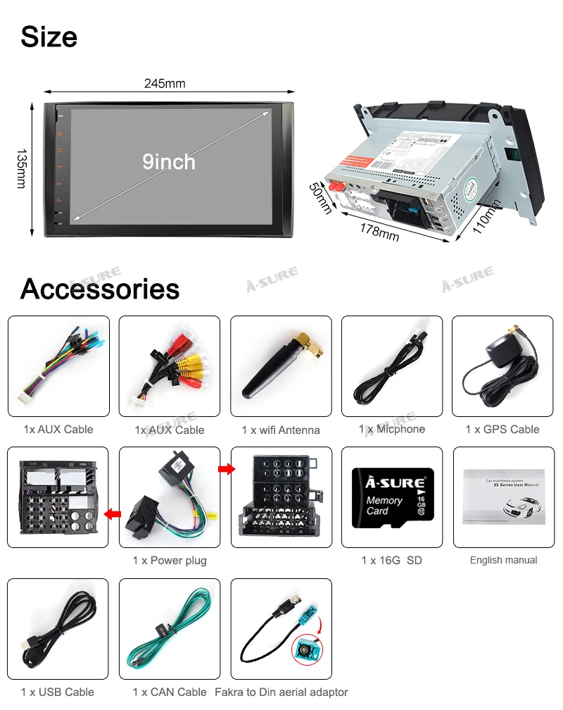 Excellent A-Sure 1 DIN Octa Core 4GB Android 9.0 Car Radio GPS DVD Player Navigation For Mercedes-Benz A/B Sprinter Vito Viano VW Crafte 24