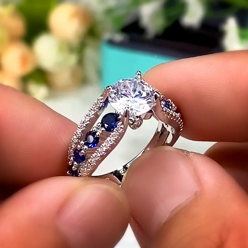 Huitan Special-interest Wedding Rings Women Blue/White Round CZ Novel Designed Female Party Ring Temperament Gift Trendy Jewelry