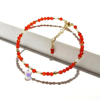 

Lii Ji Carnelian White Freshwater Pearl Austrian Crystal Drop Beaded Sparkling Bracelet American 14K Gold Filled Bracelet 17+3cm