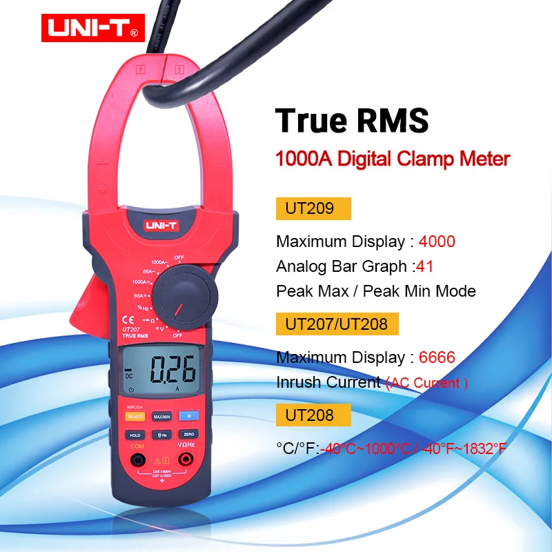 UNI T UT207/C/UT209 1000A AC/DC Цифровые токоизмерительные True RMS Амперметр