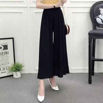 

2020 Women Wide Leg Pants Cotton Blend Thin Breathable Pleated Trousers Loose Casual Pants
