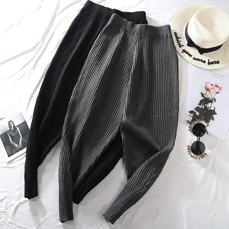 Knitted Harem Pants Women's 2022 Winter Fashion Korean High Waist Cross Warm Pants Causal Loose Ankle-length Trousers Female 2XL free shipping princess patent leather girls ankle boots kids sewing children student fashion boy cross straps autumn casual shoe