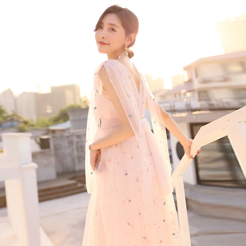 

YIGELILA Summer Fashion Pink Backless Dress Mesh Embroidery Sleeveless V-neck Spaghetti Strap Empire Straight Party Dress 64935