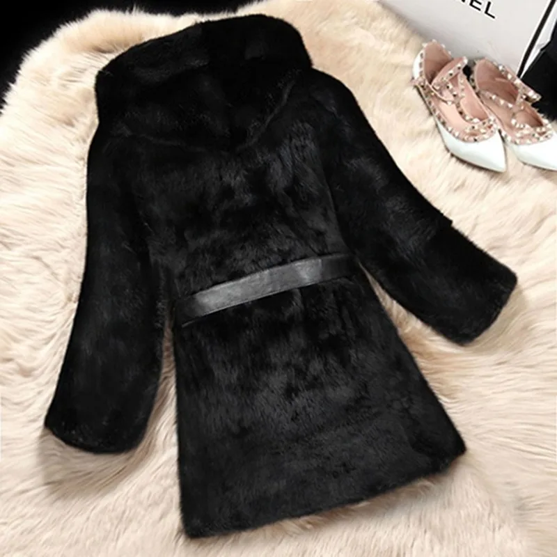 Женское пальто из искусственного меха, осенне-зимнее пушистое черное меховое пальто с капюшоном и длинным рукавом, роскошное Женское зимнее меховое пальто с повязкой