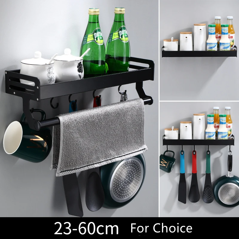 Kitchen Black Shelf with Towel Hook Bar Wall installation Corner Shelves Condiment Rack Kitchen Storage Spoon Rack kitchen storage rack desktop dishcloth sponge draining shelf kitchen accessories carbon steel hanging rags brush towel organizer